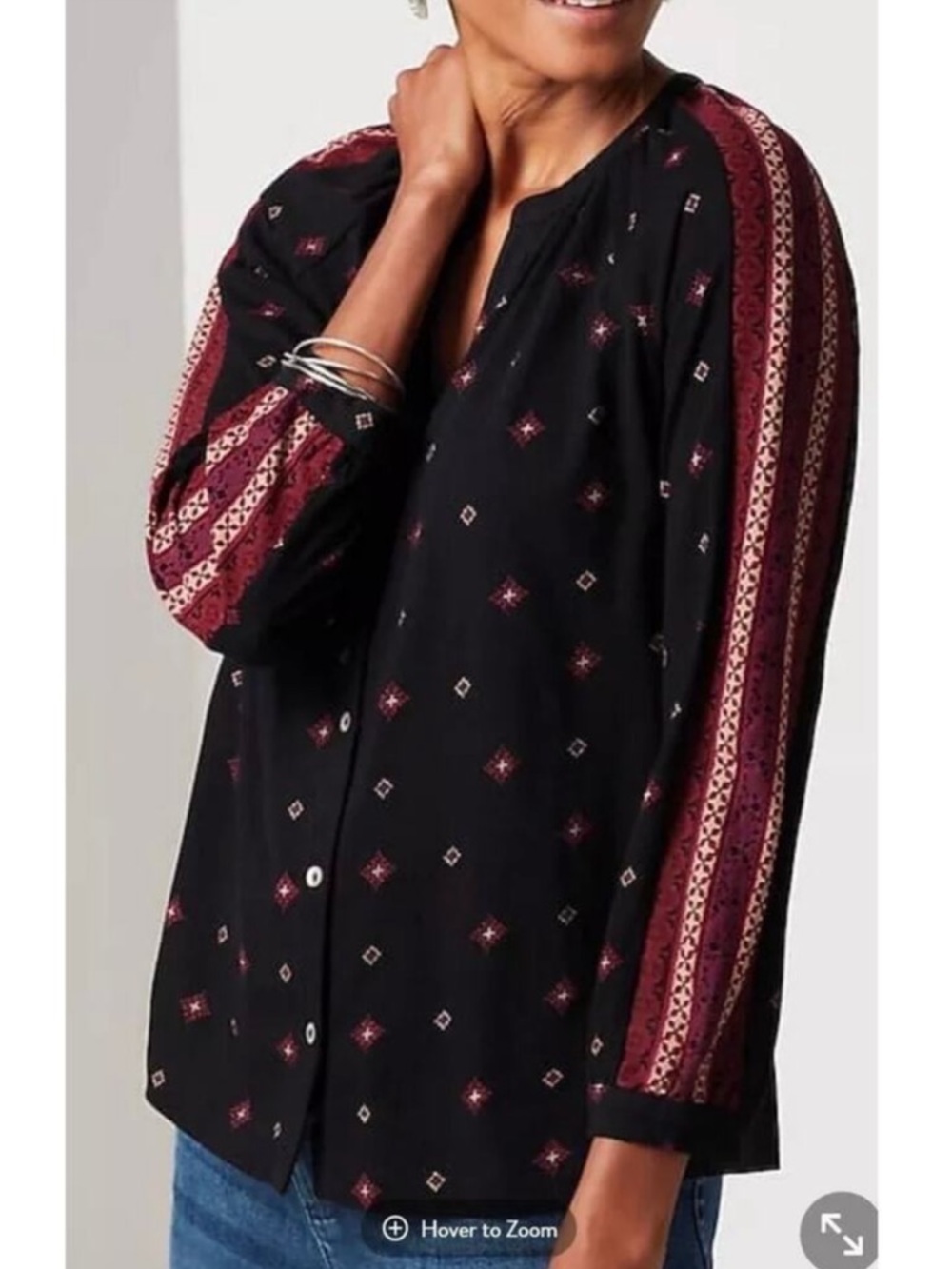 J. Jill Button-Front Black Boho Print 100% Cotton Blouse Top, Women's Large